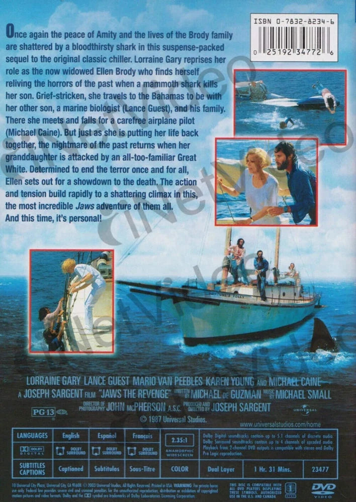 Jaws: The Revenge (DVD 1987) Widescreen Michael Caine w/ Insert En/Fr/Sp *BX1 image 1