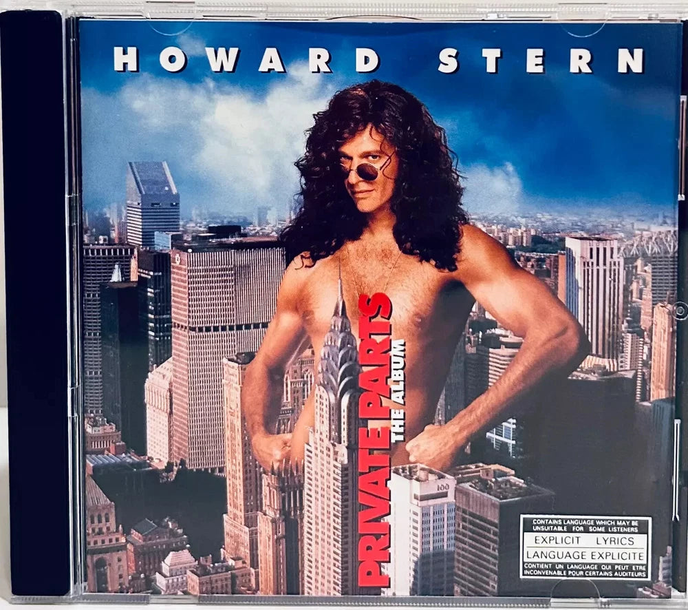 CD cover of Howard Stern's "Private Parts: The Album" featuring Stern's shirtless body superimposed on a city skyline.