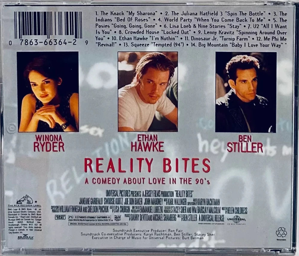 Movie poster for "Reality Bites" featuring Winona Ryder, Ethan Hawke, and Ben Stiller.