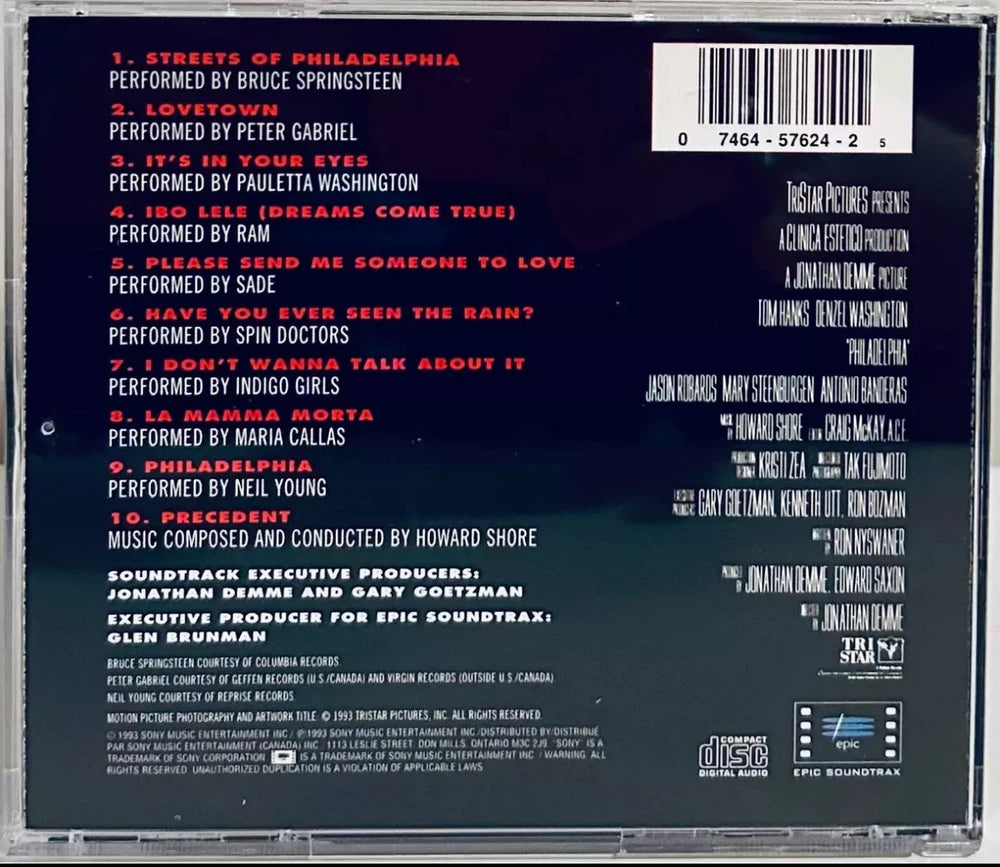 Back of a Philadelphia movie soundtrack CD.