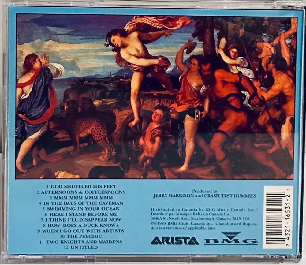 The back of a CD case featuring a renaissance painting, list of song titles, and production information.