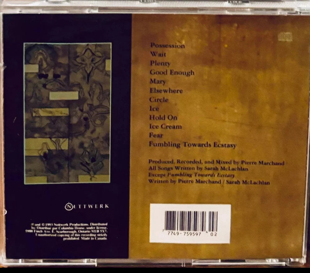 CD case for "Fumbling Towards Ecstasy" by Sarah McLachlan, showing track list and production credits.

