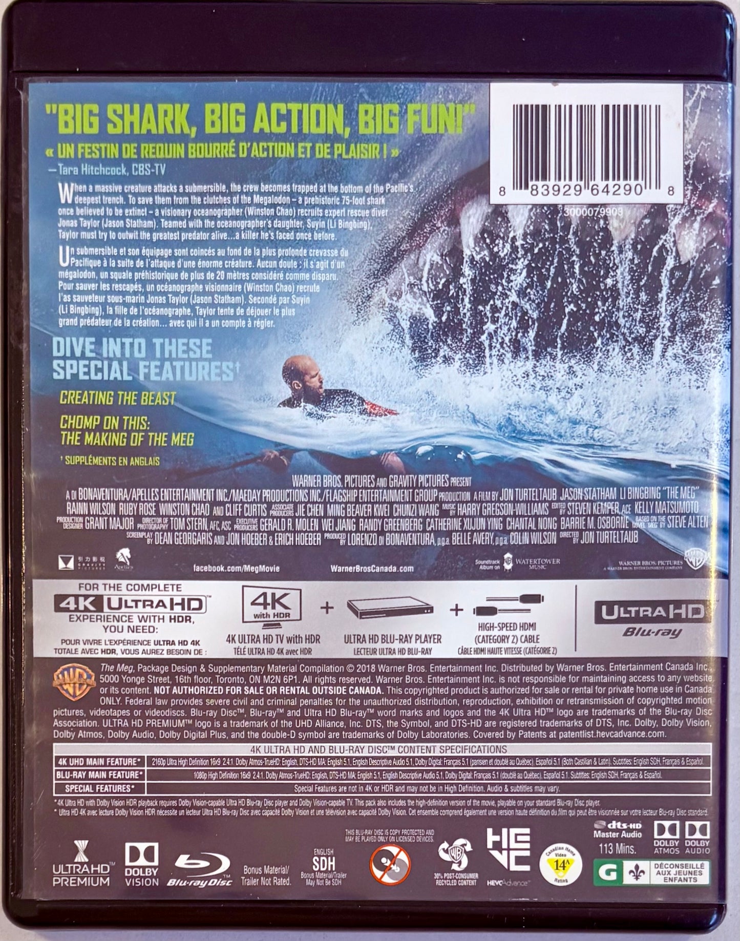 The Meg (4K-UHD, 2018) Sci-Fi, Horror, Adventure Jason Statham Warner Bros