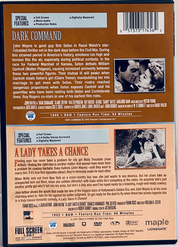 Dark Command / A Lady Takes a Chance (DVD) Double Feature John Wayne 40s 2-Disc image 2