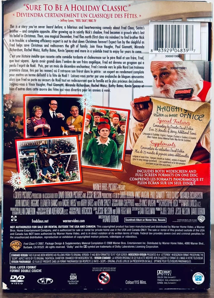 Fred Claus (DVD, 2008) w/ Slipcover Vince Vaughn Christmas Warner Bros*MA1 image 1