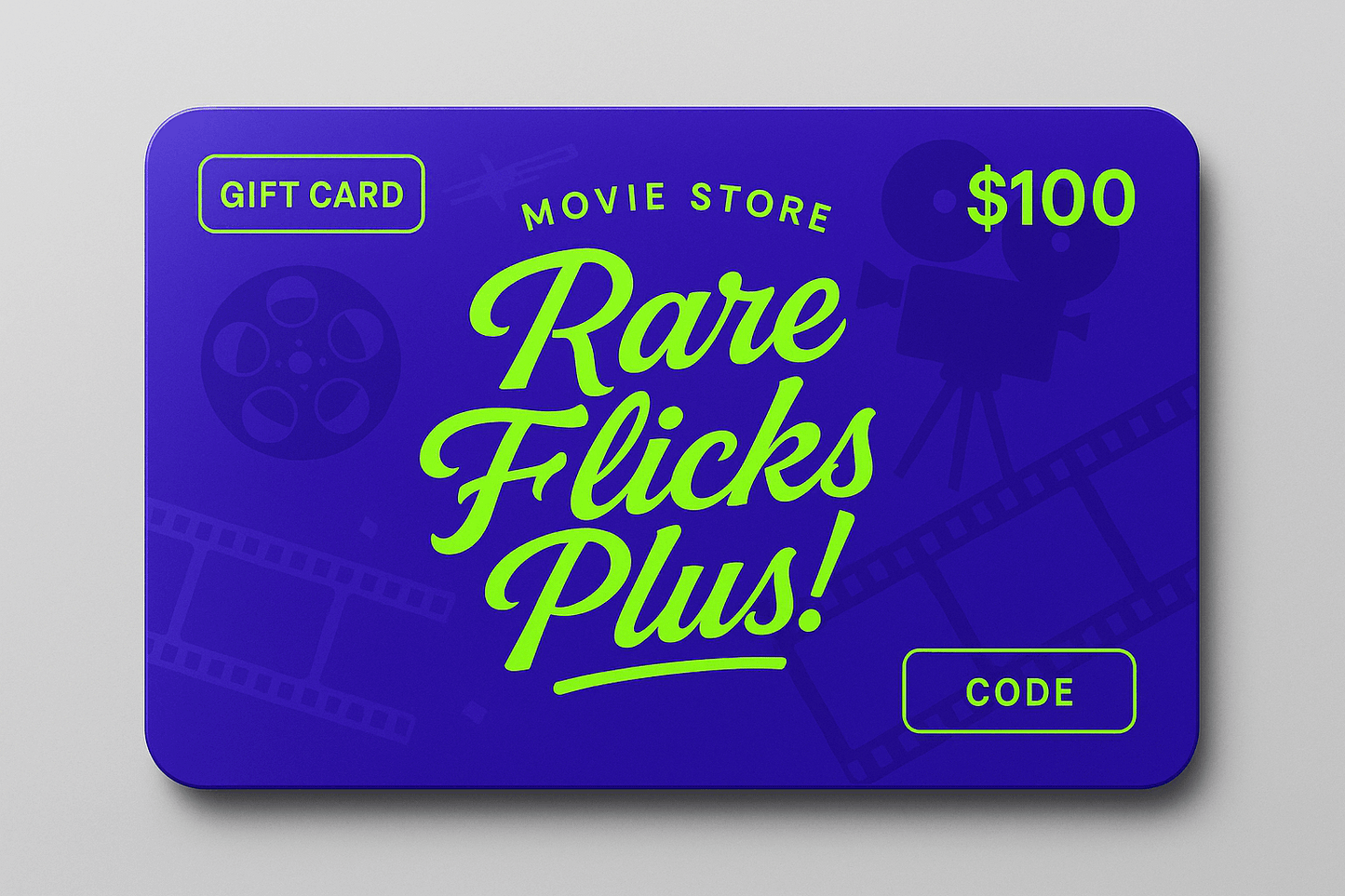can you create an image of the Gift Card product for Rare Flicks Plus! make it look kike an actual gift card and incoroproate my theme fonts Purple Color - #5807C3 = R (Red): 88, G (Green): 7,  B (Blue): 195

Neon Green 00FF00
