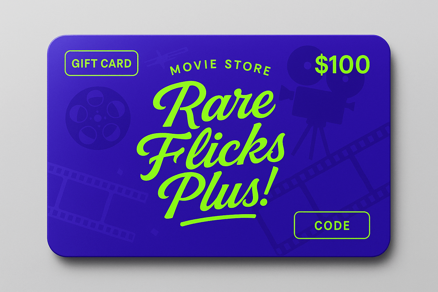 can you create an image of the Gift Card product for Rare Flicks Plus! make it look kike an actual gift card and incoroproate my theme fonts Purple Color - #5807C3 = R (Red): 88, G (Green): 7,  B (Blue): 195

Neon Green 00FF00

