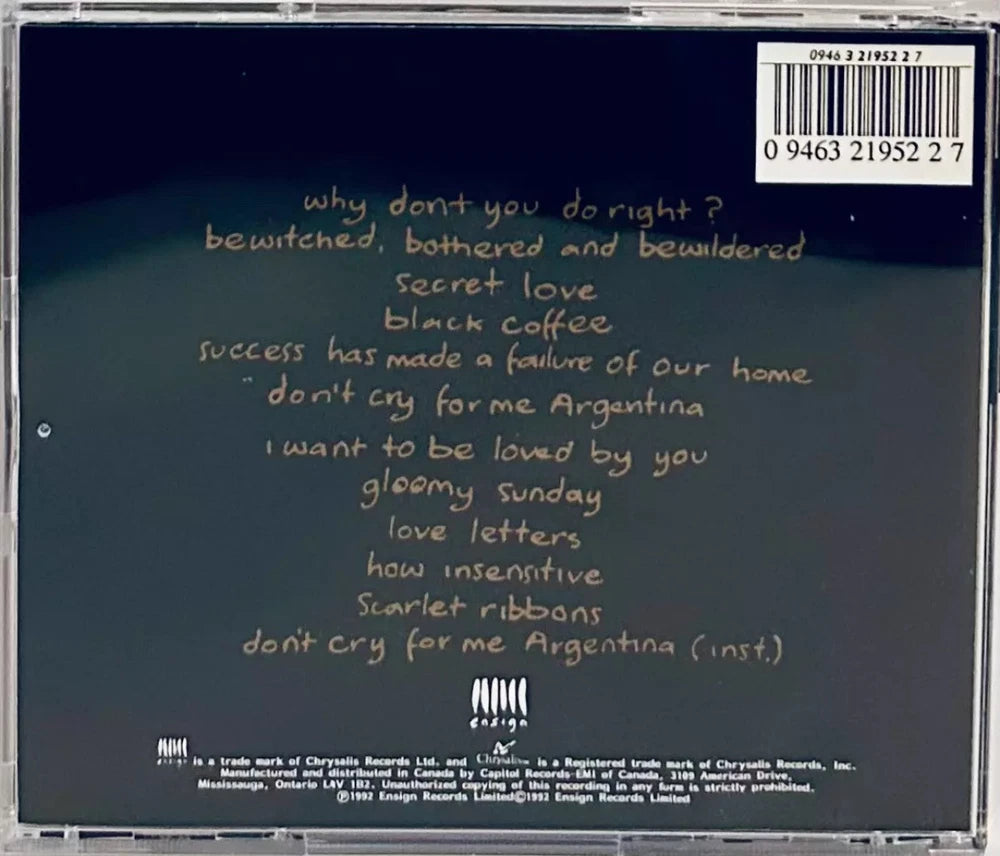 CD case back cover. Track listings and copyright information. Black background with beige lettering. Barcode. Ensign record label logo.